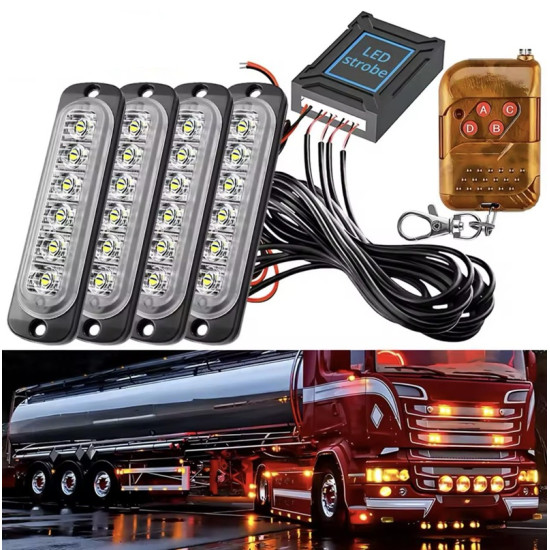 Σετ φανάρια LED λευκό - πορτοκαλί 6 SMD 12V/24V με 12 λειτουργίες και χειριστήριο 4 τεμαχίων IP66 OEM