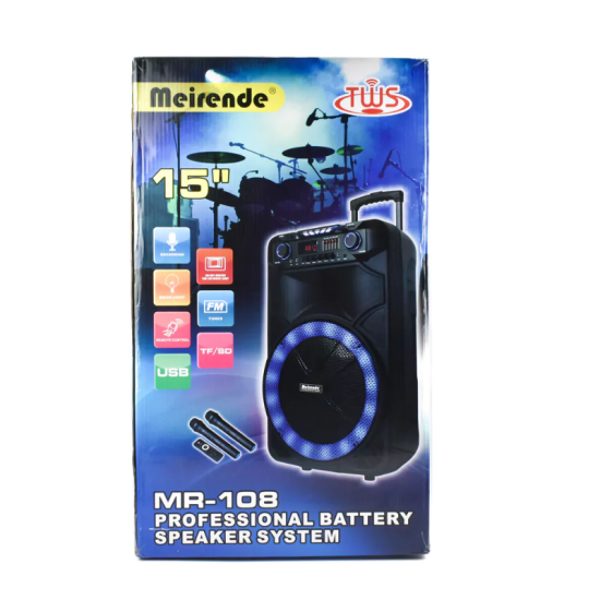 Επαγγελματικό Ασύρματο Bluetooth Ηχείο 15″ FM & 2 Μικρόφωνα TWS με Φωτισμό Disco LED Meirende MR-108 – Μαύρο Επαγγελματικό Ασύρματο Bluetooth Ηχείο 15″ FM & 2 Μικρόφωνα TWS με Φωτισμό Disco LED Meirende MR-108 – Μαύρο