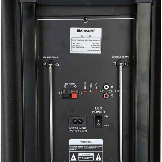 Επαγγελματικό Ασύρματο Bluetooth Ηχείο 15″ FM & 2 Μικρόφωνα TWS με Φωτισμό Disco LED Meirende MR-108 – Μαύρο